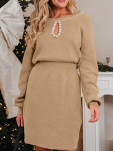 Pearl embellished keyhole ribbed sweater dress in beige knit