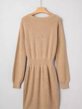 Pearl embellished keyhole ribbed sweater dress, beige knit with fitted waist