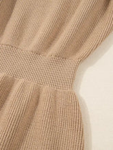 Pearl embellished keyhole ribbed sweater dress, beige with fitted waistband and flared skirt