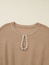 Pearl embellished keyhole ribbed sweater dress in beige knit