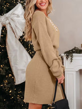 Pearl embellished keyhole ribbed sweater dress, beige knit with beaded neckline