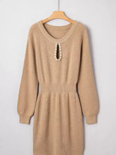 Pearl embellished keyhole ribbed sweater dress, beige knit with pearl neckline