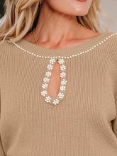 Pearl embellished keyhole ribbed sweater dress, beige knit with floral beads