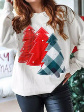 Cream-colored pearl plaid christmas tree patched drop shoulder sweatshirt with three appliquéd festive trees and button accents