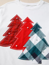 White drop shoulder sweatshirt featuring three appliquéd christmas trees in red plaid, solid red, and teal argyle with pearl buttons