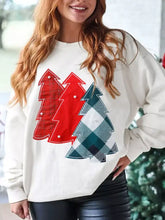 Cozy off-white pearl plaid christmas tree patched drop shoulder sweatshirt with three appliquéd holiday trees and button accents