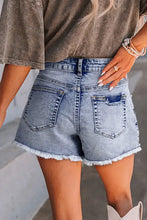 Pearl Studded Pockets Raw Hem Denim Shorts Denim Shorts