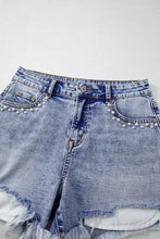 Pearl Studded Pockets Raw Hem Denim Shorts Denim Shorts