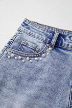 Pearl Studded Pockets Raw Hem Denim Shorts Denim Shorts
