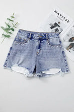 Pearl Studded Pockets Raw Hem Denim Shorts Denim Shorts