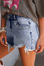Pearl Studded Pockets Raw Hem Denim Shorts Denim Shorts