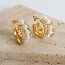 18k gold-plated pearl titanium steel C-hoop earrings with pearls and rhinestones
