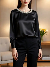 Black satin pearl trim round neck silk blouse with a pearl-studded collar for elegant occasions