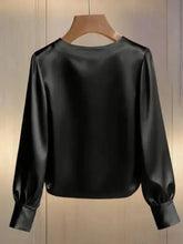 Black satin pearl trim round neck silk blouse with long sleeves and elegant trim round neck design