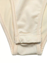 Cream-colored pearl trim satin bodysuit featuring smooth fabric with neat stitching and a small folded tab detail