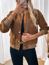 Perfee baseball collar snap down long sleeve jacket in brown khaki with gold buttons