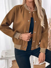 Perfee baseball collar snap down long sleeve jacket in brown with beige accents