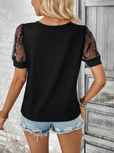 Perfee Bow Pattern V-Neck Short Sleeve T-Shirt with sheer patterned puff sleeves