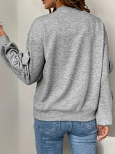 Perfee Bow Round Neck Long Sleeve Sweatshirt in heather grey with ruched sleeves