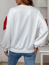Perfee Bow Round Neck Long Sleeve Sweatshirt with red ribbon shoulders