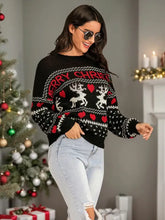 Perfee Christmas Element Round Neck Sweater Black Knit Top