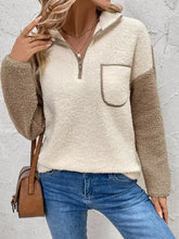 Perfee contrast half zip long sleeve beige brown fuzzy sweater with pocket