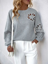 Perfee cutout pearl round neck grey sweatshirt with balloon sleeves