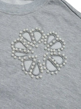 Perfee cutout pearl round neck grey sweatshirt with floral heart design