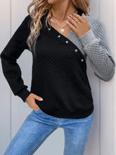 Perfee decorative button contrast long sleeve sweatshirt in black with gray quilted sleeves