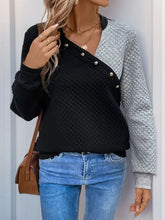 Perfee decorative button contrast long sleeve sweatshirt for women