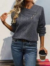 Perfee decorative button long sleeve sweatshirt in dark gray cable knit