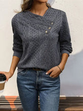Perfee decorative button long sleeve sweatshirt in gray cable knit with asymmetrical V-neck