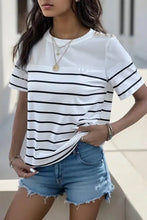 Perfee Decorative Button Striped Short Sleeve T-Shirt Woman T Shirts