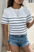 Perfee Decorative Button Striped Short Sleeve T-Shirt Woman T Shirts