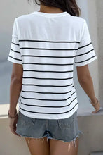 Perfee decorative button striped short sleeve t-shirt with denim shorts