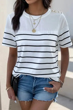 Perfee Decorative Button Striped Short Sleeve T-Shirt in white and black