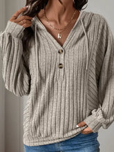 Perfee drawstring long sleeve hoodie in ribbed knit with button placket