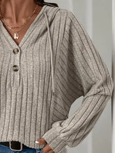 Perfee drawstring long sleeve hoodie in beige ribbed knit with moderate stretch