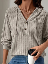 Grey ribbed knit Perfee drawstring long sleeve hoodie with V-neck and buttons