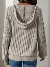 Perfee drawstring long sleeve hoodie in light beige ribbed knit with moderate stretch