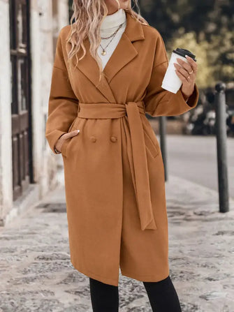 Perfee Dropped Shoulder Tie Waist Coat Caramel Casual Dresses