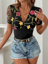 Black mesh short sleeve perfee embroidered floral bodysuit with v neckline and detailed embroidery design