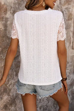 Perfee eyelet round neck short sleeve T-shirt with lace sleeves