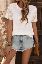 Perfee Eyelet Round Neck Short Sleeve T-Shirt with lace sleeves and scalloped hem