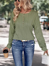 Women’s long-sleeve olive green textured knit round neck henley shirt