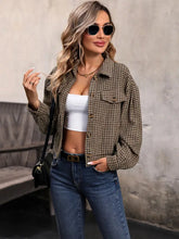 Plaid cropped jacket in olive green with houndstooth collared neck and button details