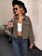 Black and brown plaid cropped jacket with houndstooth collared neck and button details