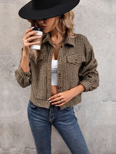 Brown plaid cropped jacket with houndstooth collared neck and rolled-up sleeves