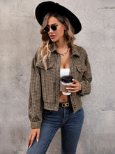 Plaid cropped jacket with houndstooth collared neck and black fedora