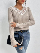 Perfee Lace Detail Ribbed V-Neck Long Sleeve Top Woman Blouses